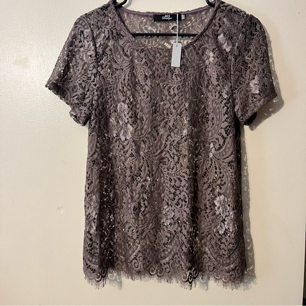 BKE Purple Lace Short Sleeve Blouse